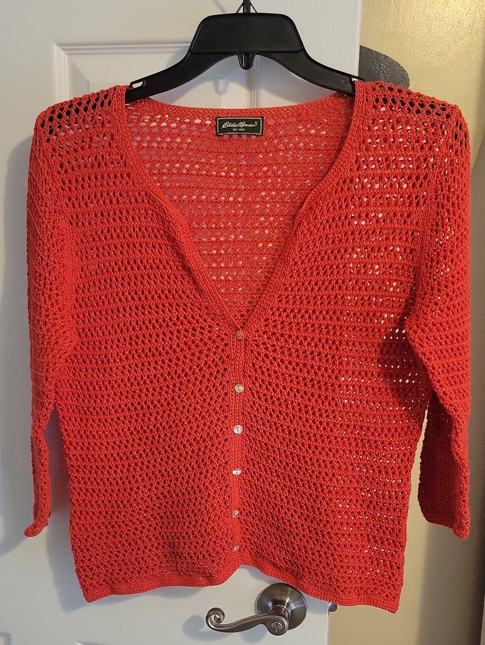 Eddie Bauer Red Coral Crochet Open-Knit Mother Pearl Button down Cardigan, Cover